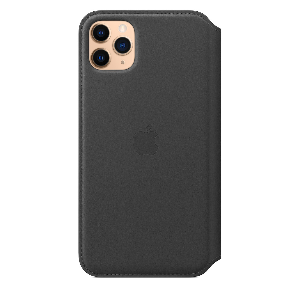 Una custodia grigio scuro per iPhone con logo Apple. La custodia ha un ritaglio per la fotocamera e un design a portafoglio.