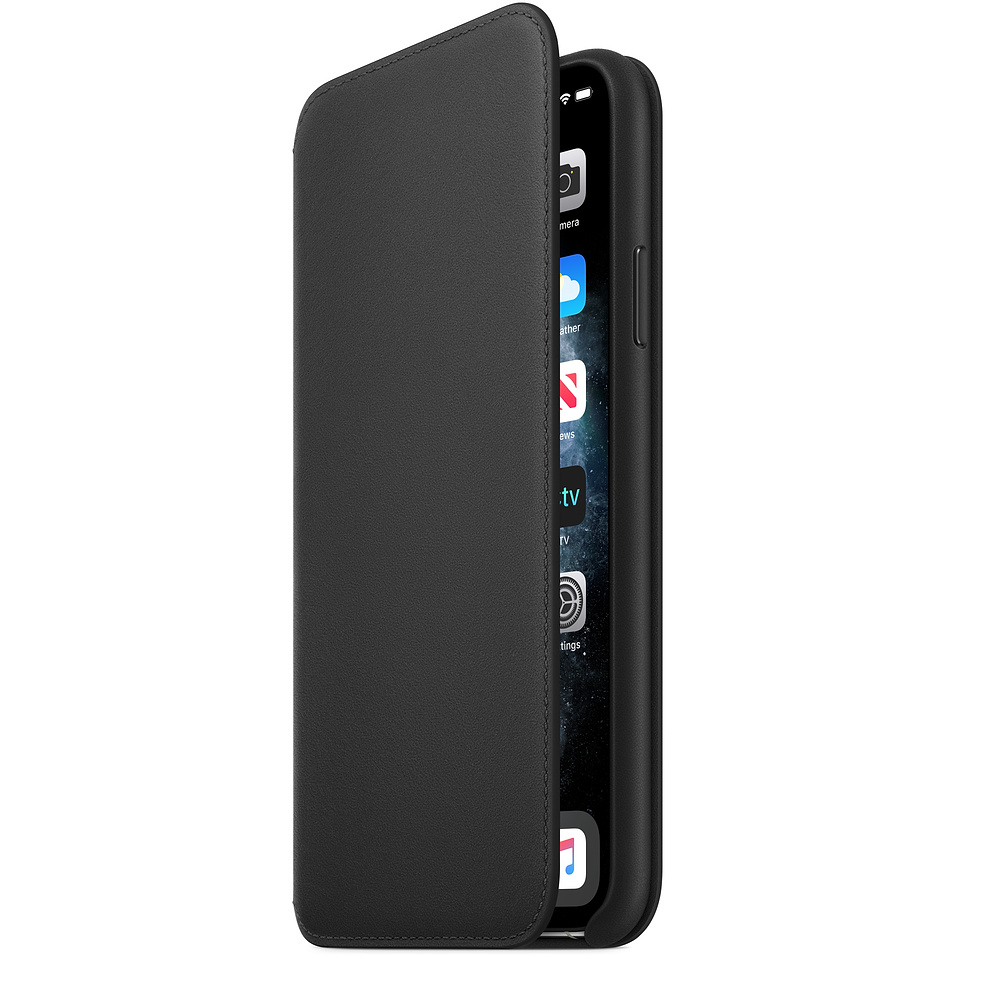 Un telefono nero in una custodia nera. Lo schermo del telefono mostra le icone delle app. La custodia è aperta, rivelando lo schermo.