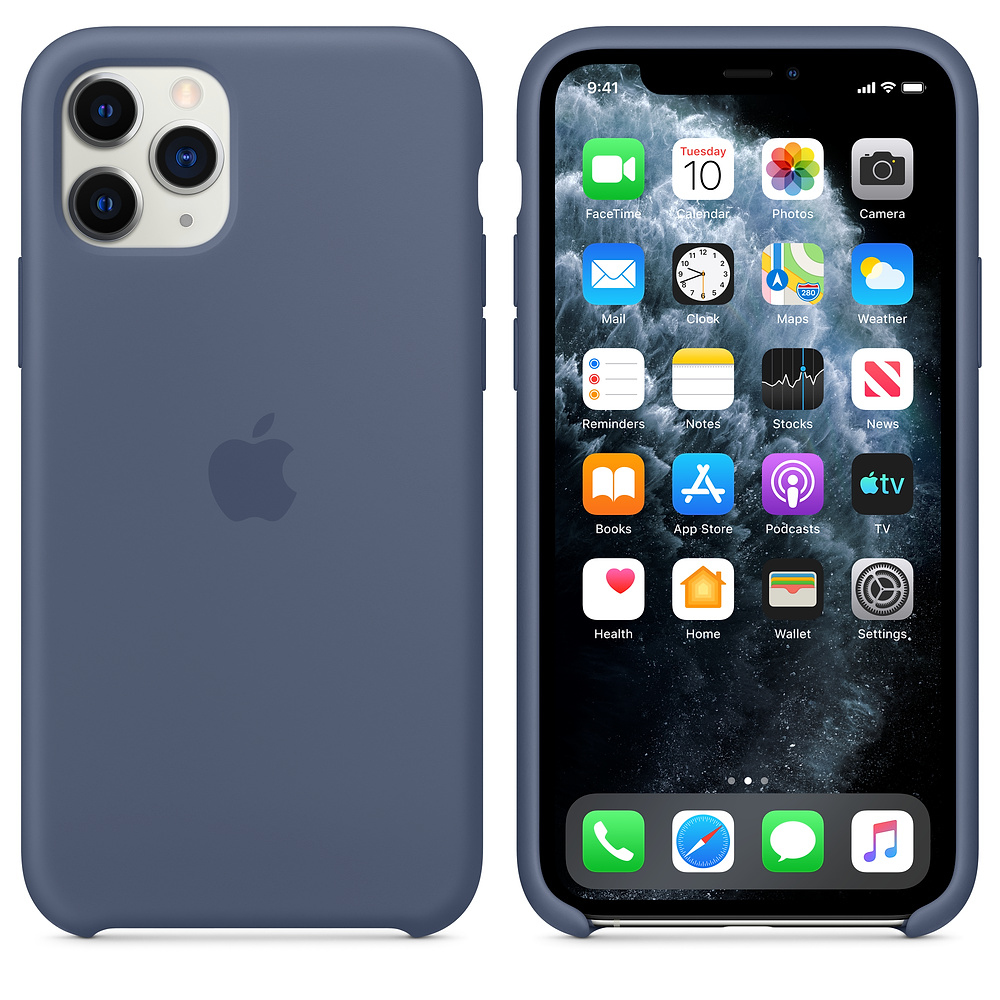 A blue iPhone 11 Pro with its screen on, displaying app icons. The phone is in a blue case, showing the Apple logo. 