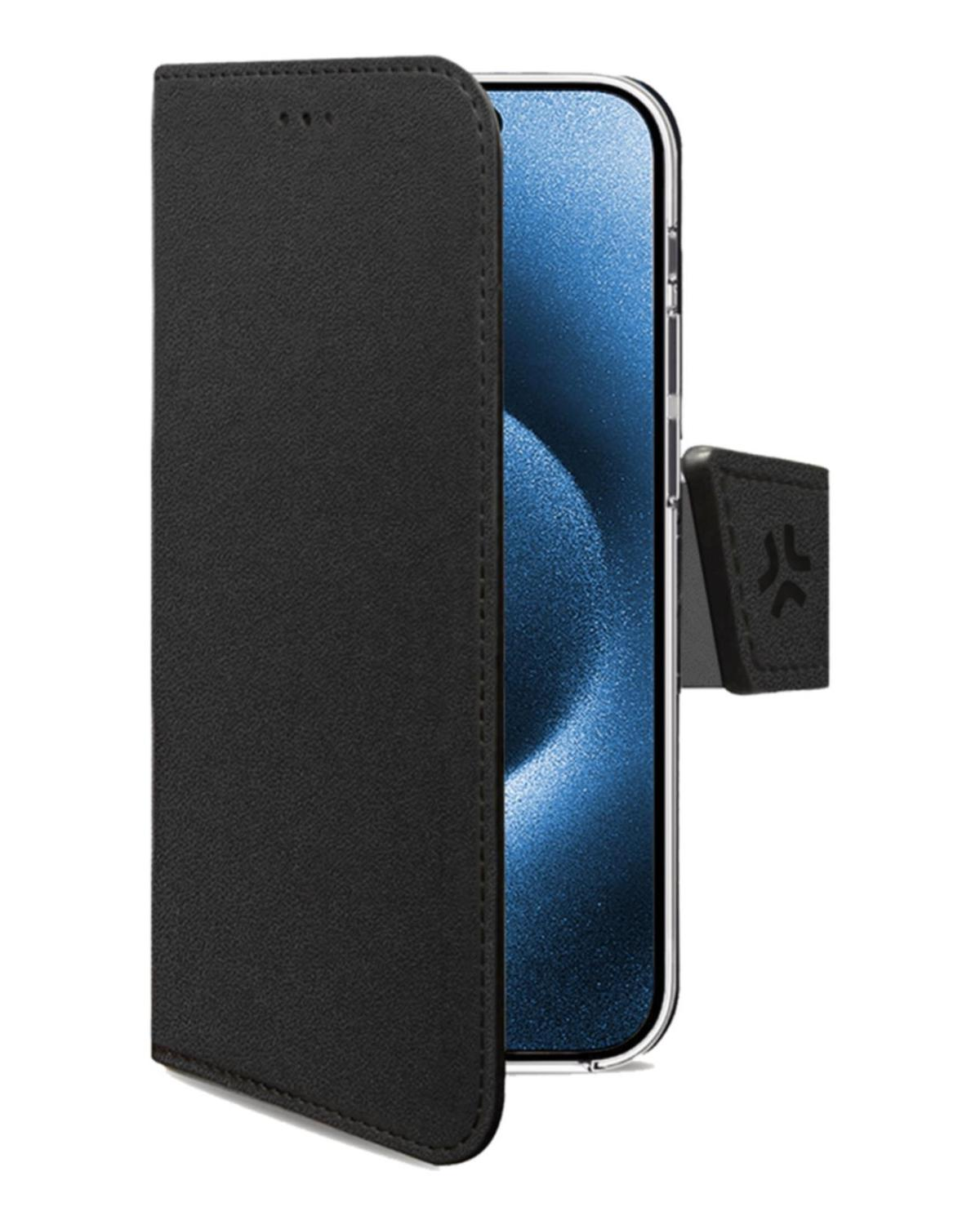 Una custodia nera per telefono è aperta, rivelando un telefono con schermo blu. La custodia ha una chiusura magnetica.