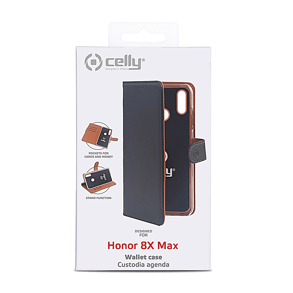 Una scatola di custodia per telefono. La custodia è aperta, mostrando una custodia a portafoglio nera. Il testo sulla scatola recita Honor 8X Max e Celly.