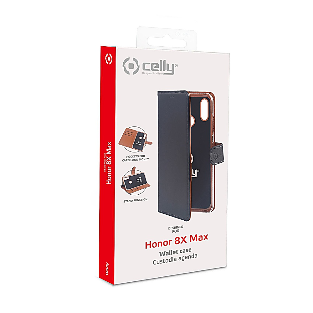 Una scatola per custodia per telefono Honor 8X Max. La scatola mostra la custodia con tasche e funzione stand. Il marchio è 'celly'.