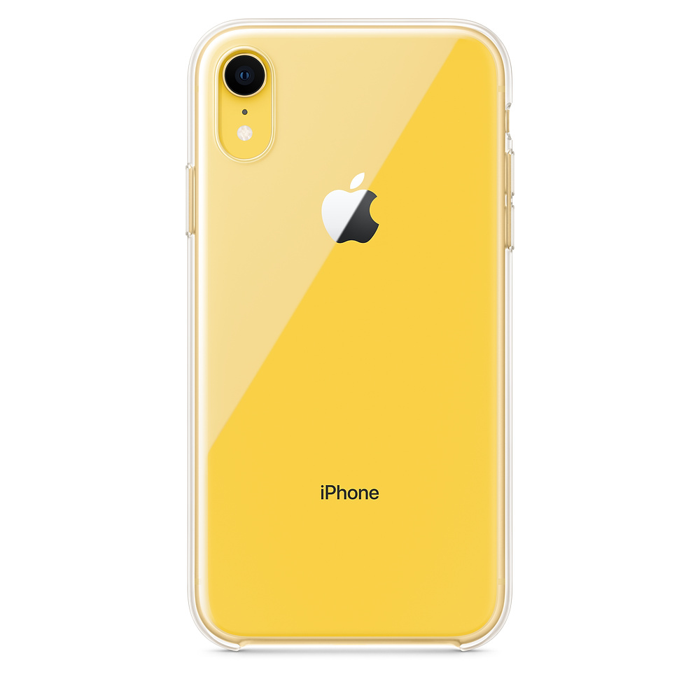 A yellow iPhone XR in a clear case. The Apple logo is visible. The word 'iPhone' is at the bottom.