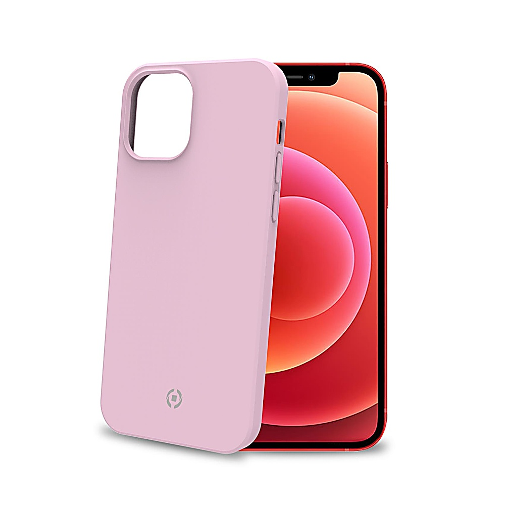 Una custodia rosa per telefono è appoggiata a un telefono con cornice rossa e schermo colorato. La custodia ha un foro per la fotocamera.