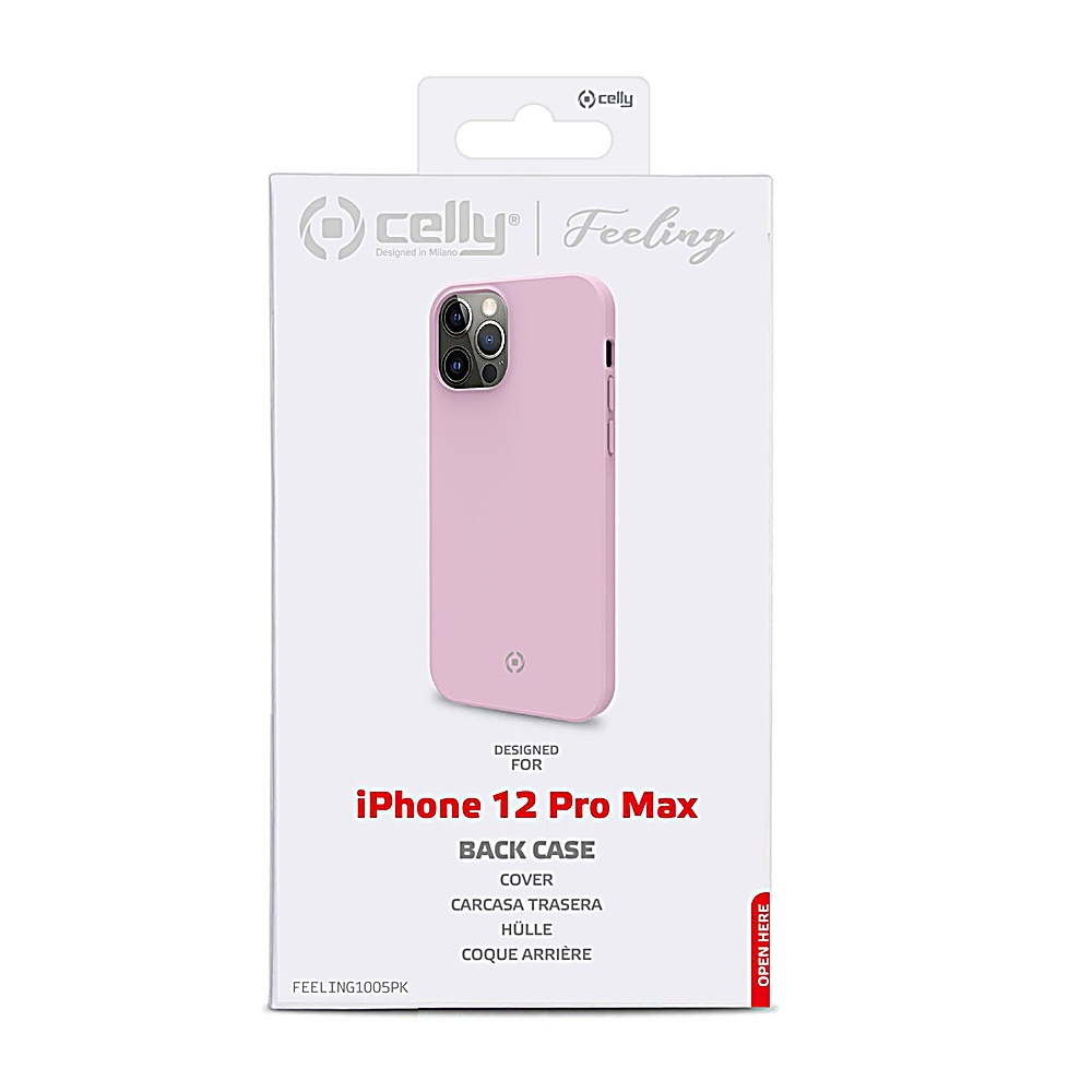 Una cover posteriore rosa per iPhone 12 Pro Max in una scatola bianca. Il testo include 'celly' e 'Feeling'.