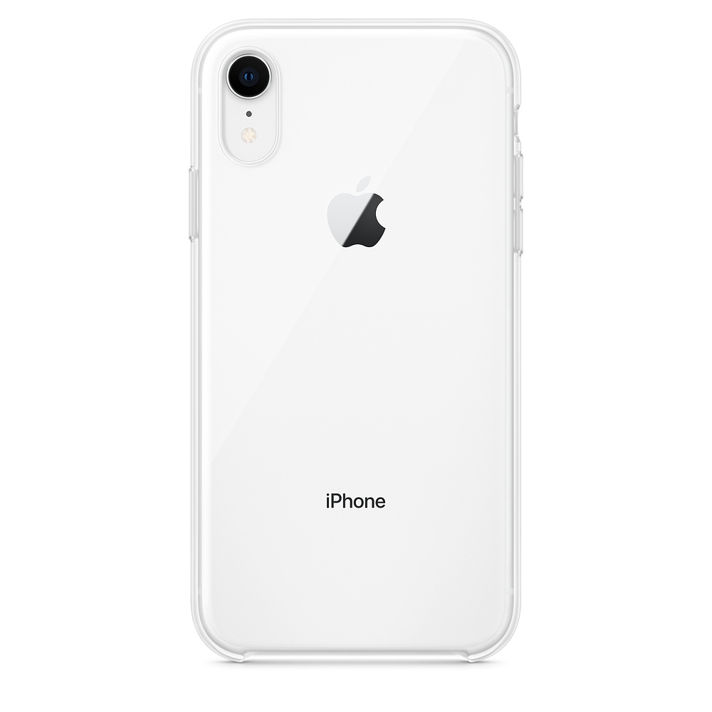 A white iPhone XR encased in a clear case. The Apple logo is visible. The camera and iPhone text are also visible.
