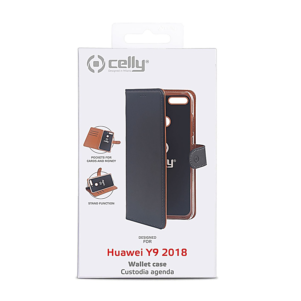 Una scatola per custodie per telefoni. La scatola mostra una custodia per Huawei Y9 2018. Ha tasche per carte e denaro e una funzione stand.