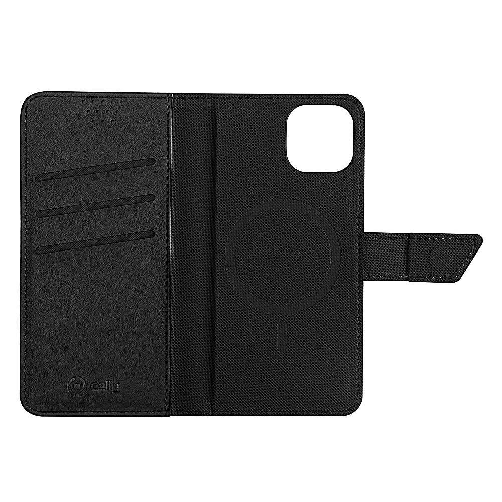 Custodia per telefono nera aperta, che mostra fessure per carte e supporto per telefono. Visibile un cerchio di ricarica magnetica.