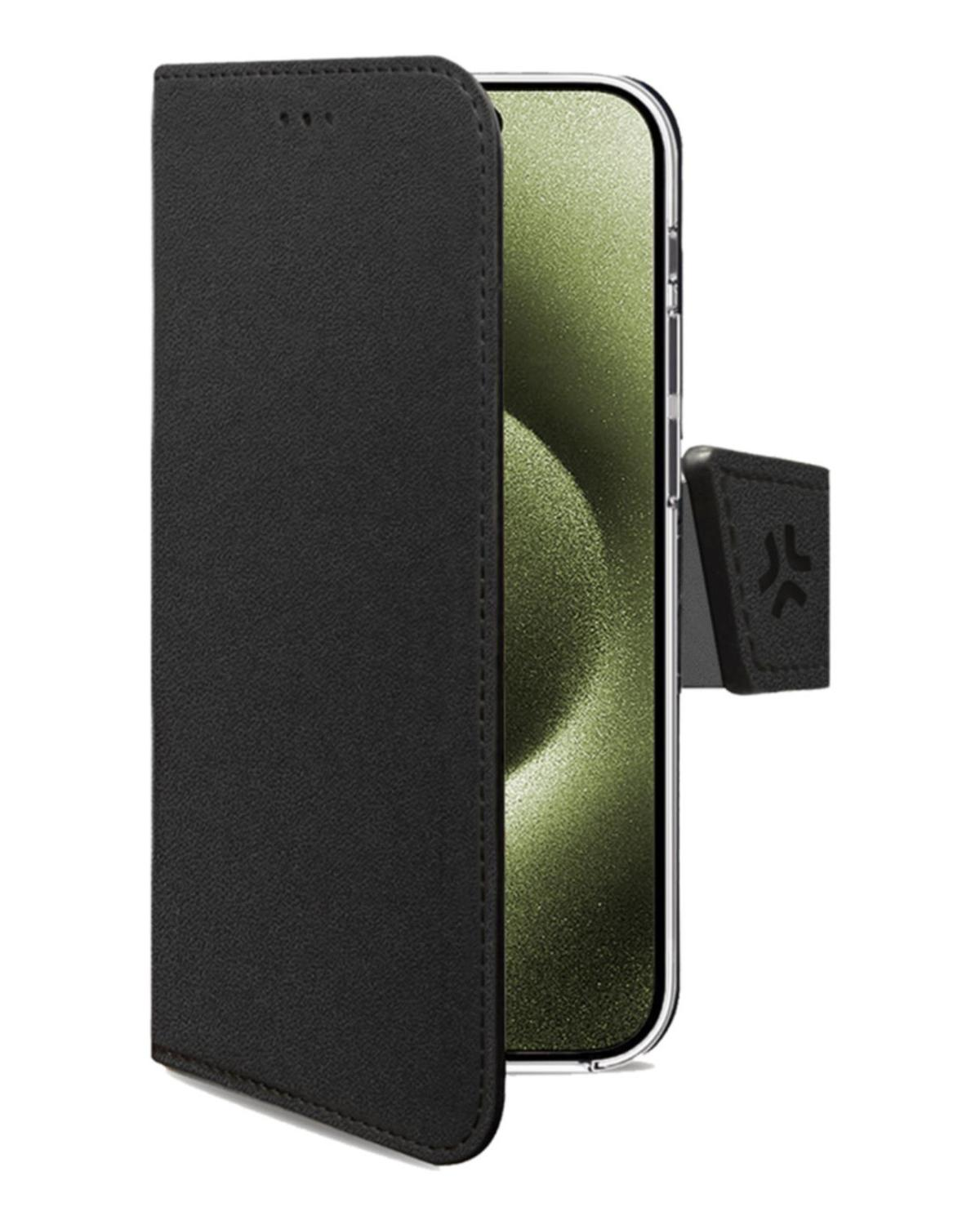 Una custodia nera per telefono con un telefono all'interno. La custodia è aperta, mostrando lo schermo del telefono. C'è un piccolo logo sul retro.