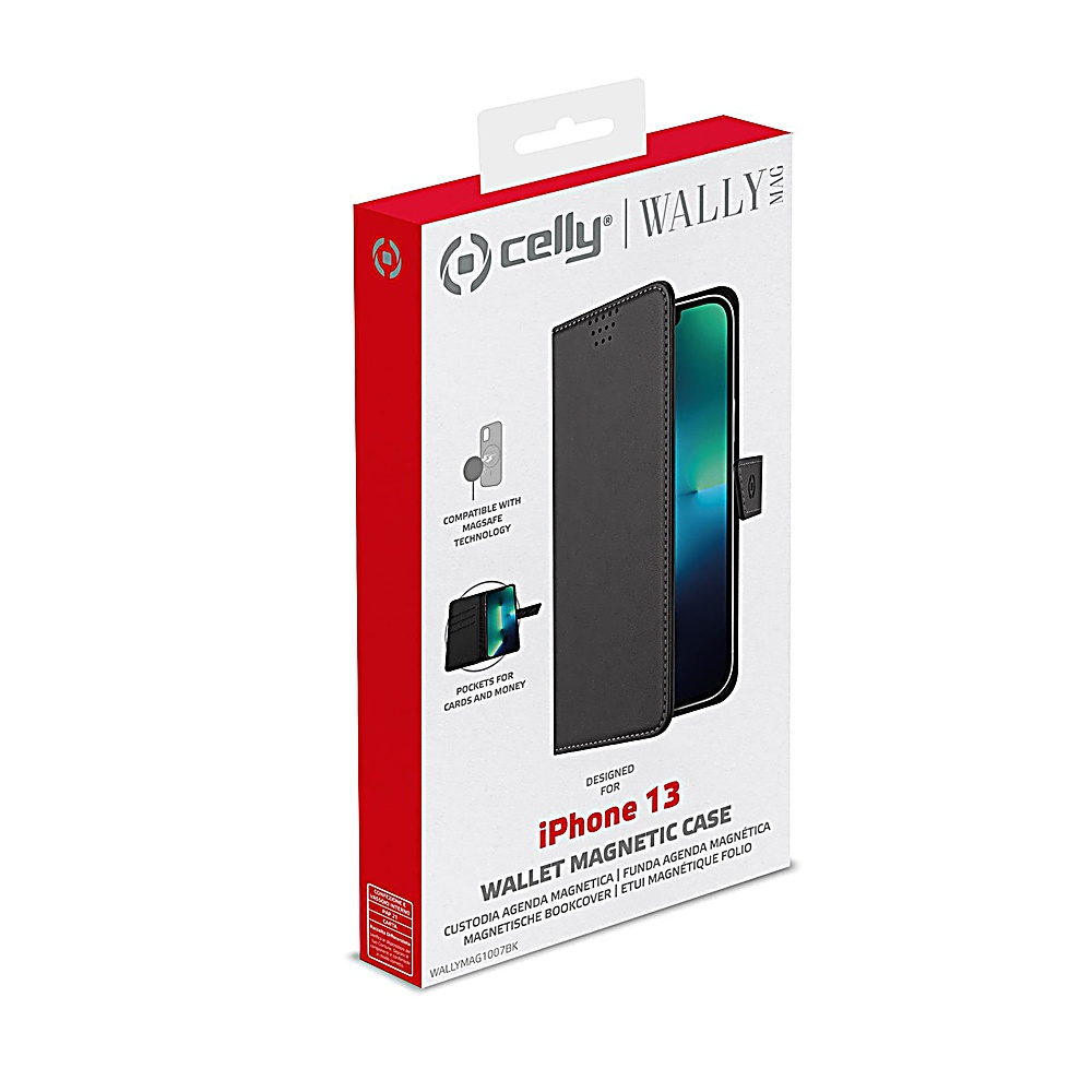 Una scatola per custodia per telefono con una custodia a portafoglio per iPhone 13. La scatola è rossa e bianca con marchio e presenta un'icona di telefono e portafoglio.
