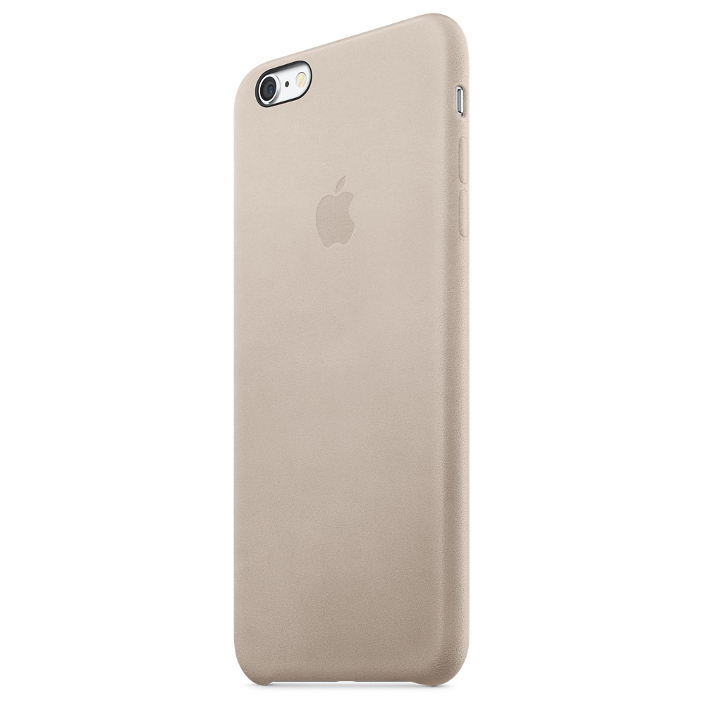 Een beige iPhone-hoesje. Het Apple-logo is zichtbaar. De camera en knoppen bevinden zich aan de boven- en rechterrand.