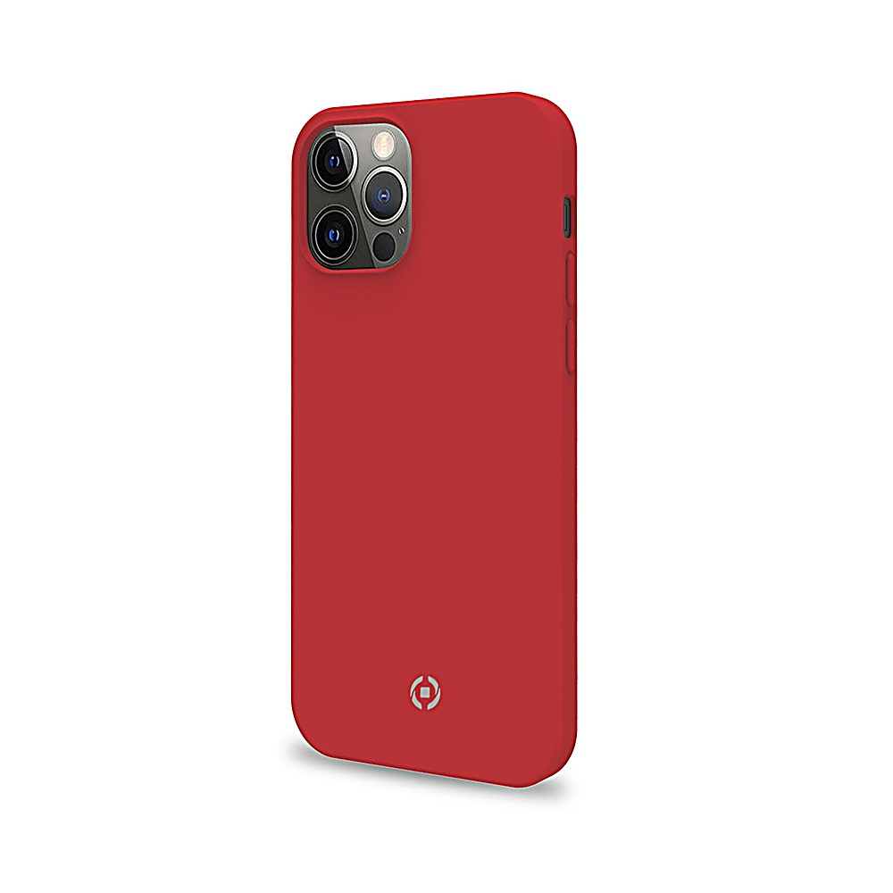 Una custodia rossa per telefono con ritaglio per la fotocamera e logo in basso. La custodia è leggermente angolata.