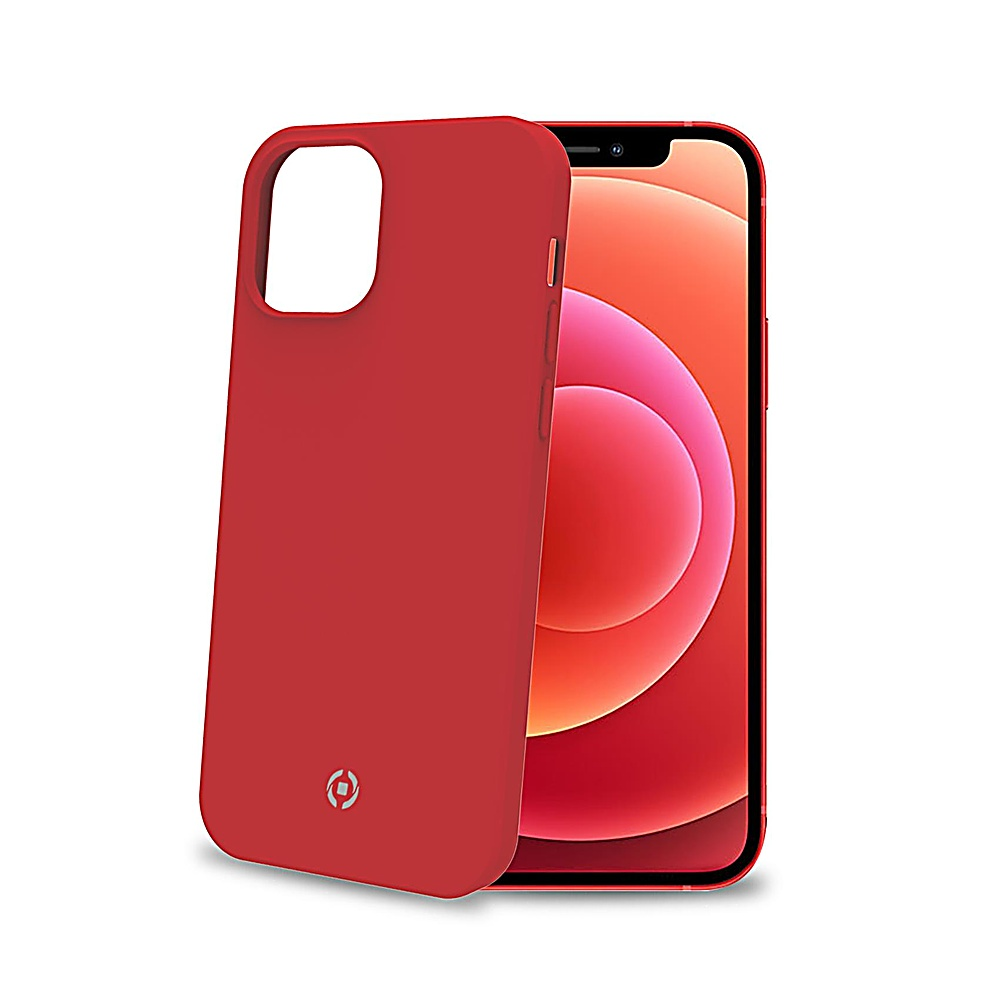 Una custodia rossa è accanto a un telefono. Il telefono ha una custodia rossa e uno schermo con sfondo rosso e arancione.