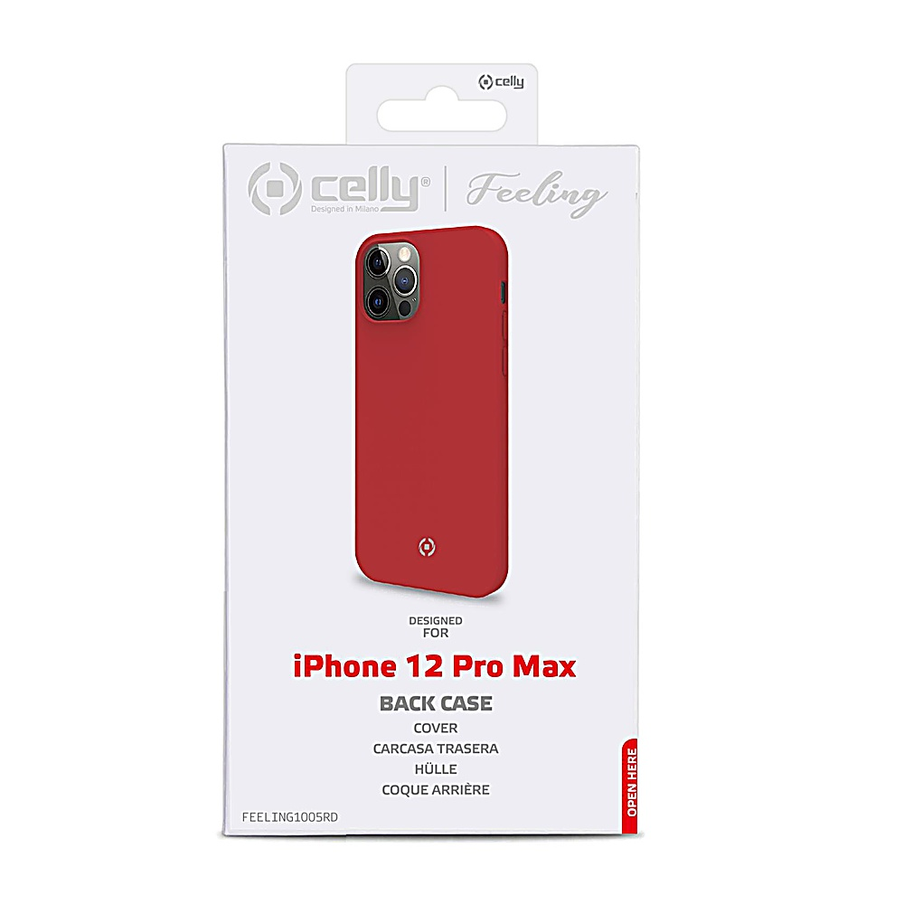 Una cover posteriore rossa per iPhone 12 Pro Max in una scatola bianca. La scatola ha il marchio 'celly' e i dettagli del prodotto. La cover è esposta.