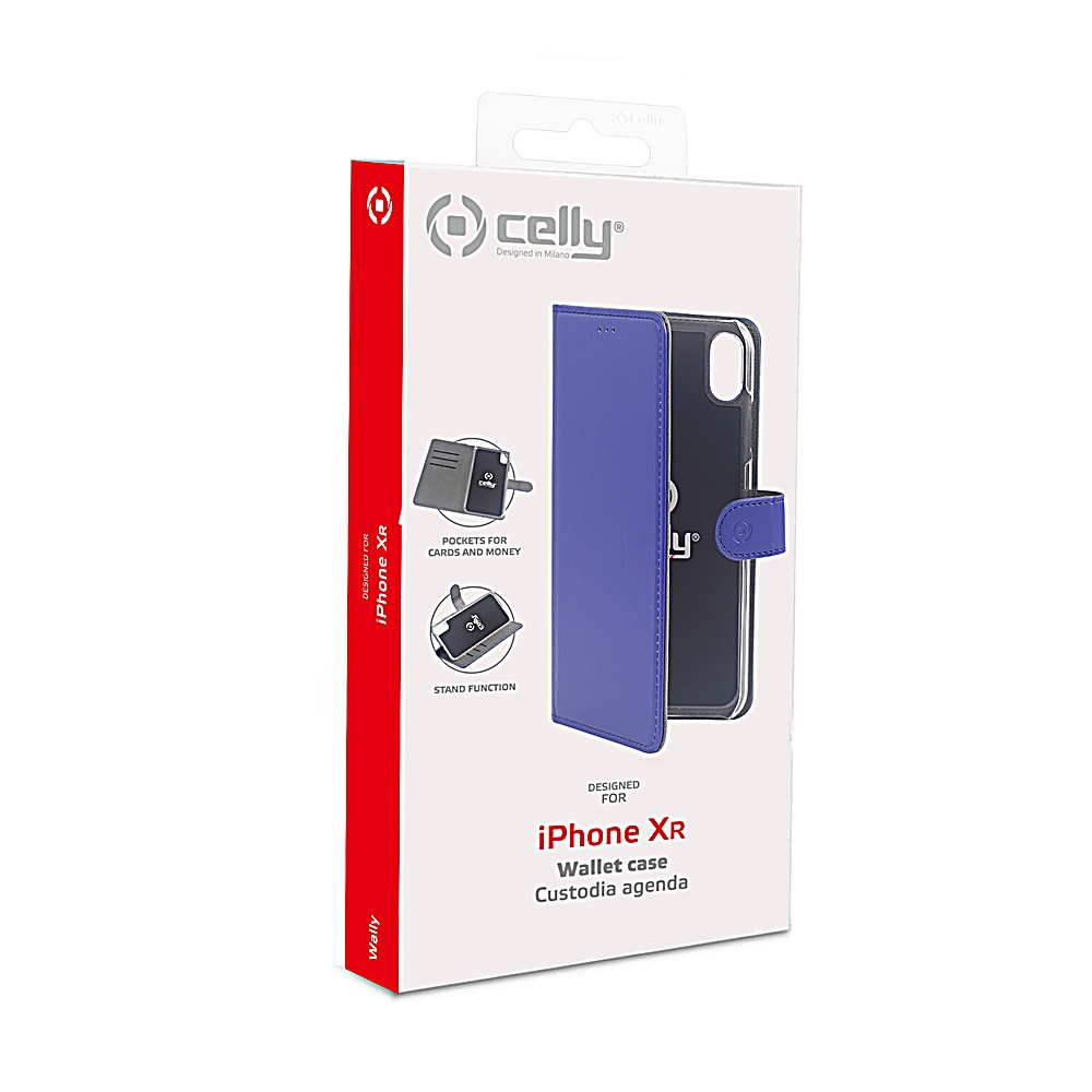 Una scatola di custodia per telefono con una custodia a portafoglio blu per iPhone XR. La scatola ha il marchio Celly e mostra le caratteristiche.