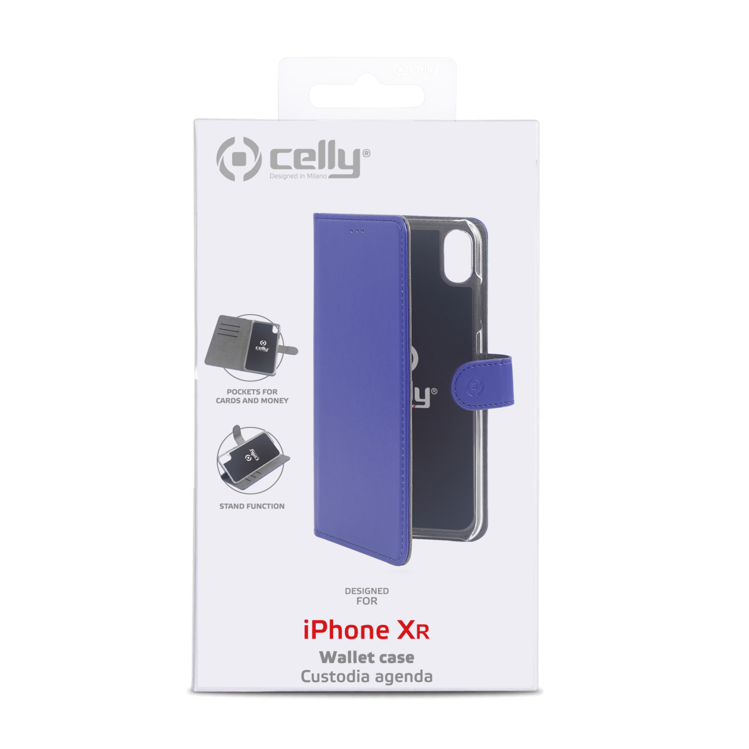 Una scatola per custodie per telefoni. Mostra una custodia a portafoglio blu per iPhone XR. La scatola ha testo e illustrazioni.