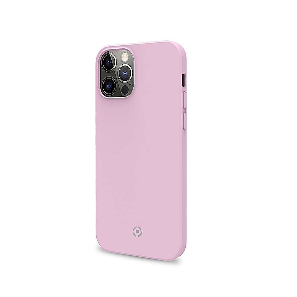 Una custodia per iPhone rosa chiaro con più obiettivi della fotocamera viene visualizzata su sfondo bianco. La custodia ha pulsanti e un logo.