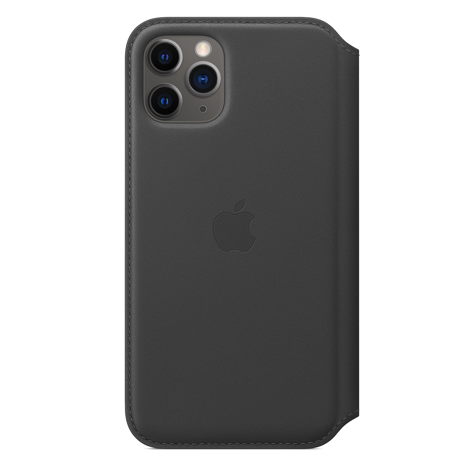 A dark gray leather iPhone case. It has the Apple logo and a camera array on the back. The case is open on the side.