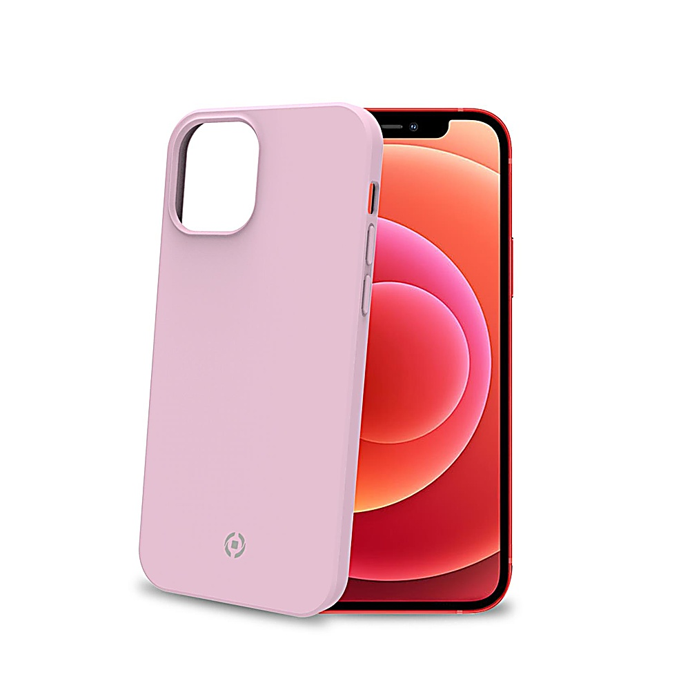 Una custodia rosa per telefono è accanto a un telefono con cornice rossa e display sfumato rosa e rosso.