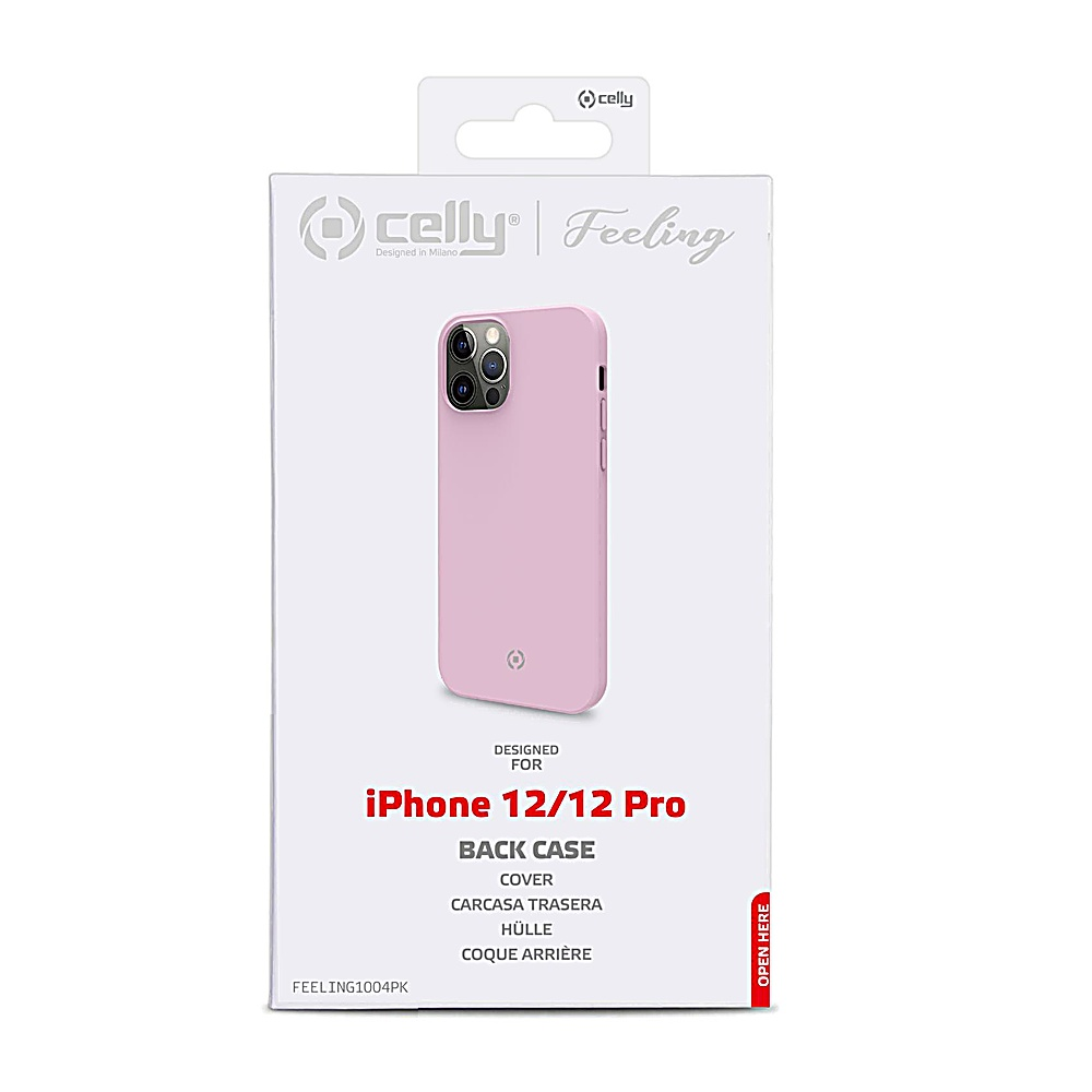 Una custodia rosa per iPhone 12/12 Pro su una scatola bianca. La scatola presenta il logo del marchio 'celly' e i dettagli del prodotto.