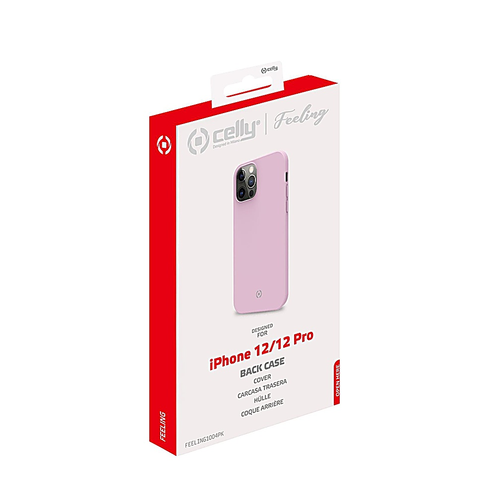 Una scatola di custodia per telefono, custodia rosa all'interno, confezione rossa e bianca, il marchio è Celly.