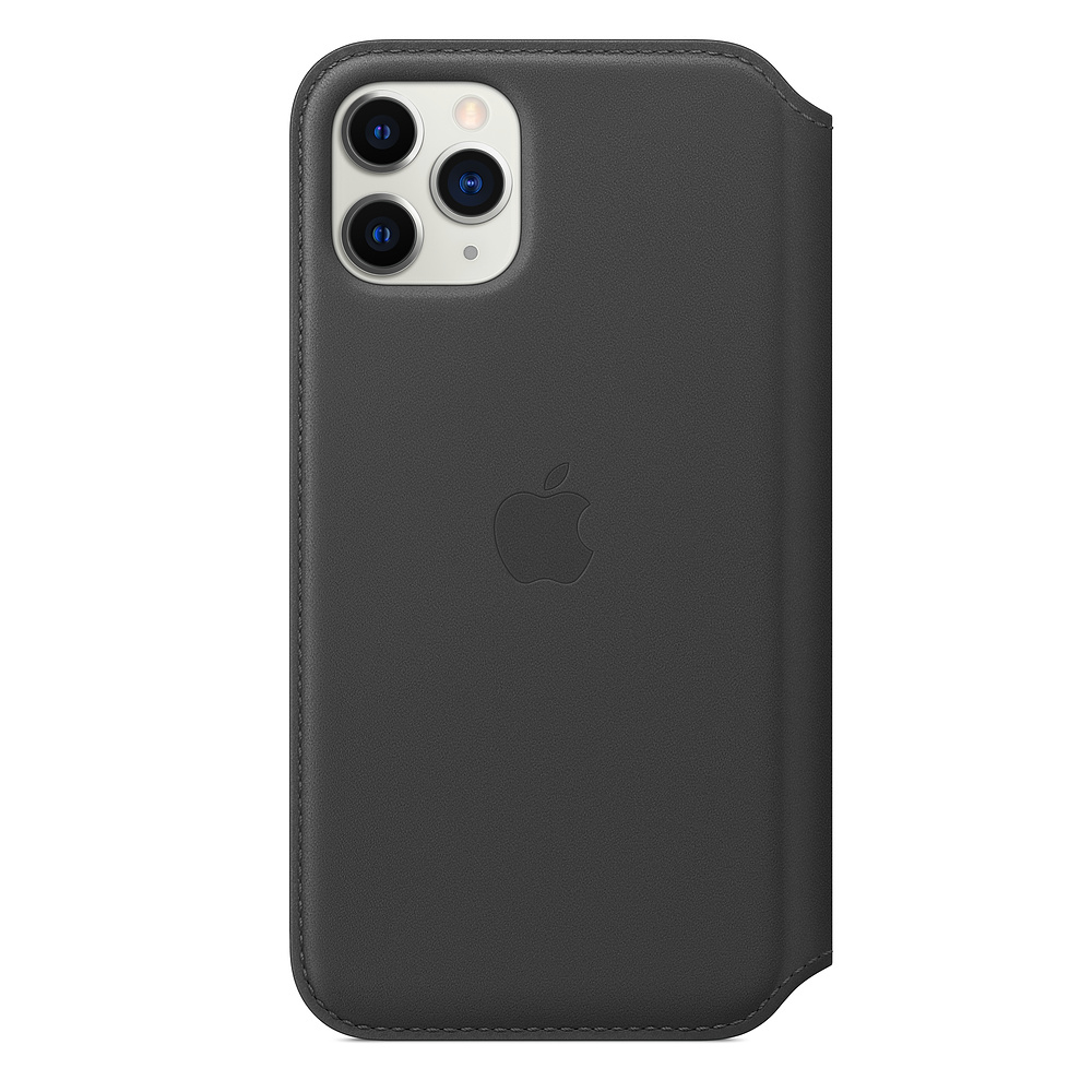 A dark gray iPhone case with an Apple logo. The case has a camera cutout and a folio design, with stitching around the edges.