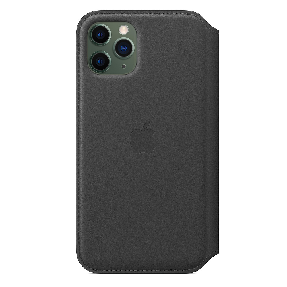 A dark gray Apple iPhone case. The case has a camera cutout, Apple logo, and a folio design, showing the phone's back.