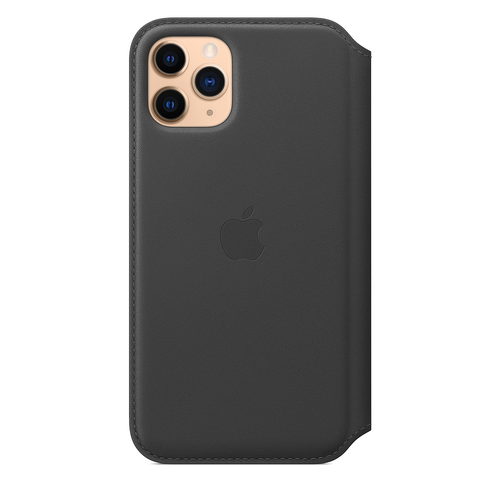 A dark gray leather iPhone case with the Apple logo. It has three camera lenses and a flash. The case is open on the side.