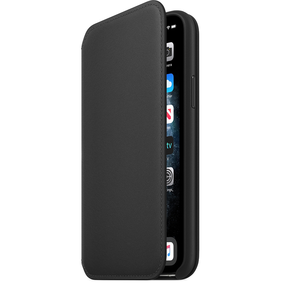 A black iPhone in a black leather case. The phone's screen displays app icons. The case is open, partially covering the phone.