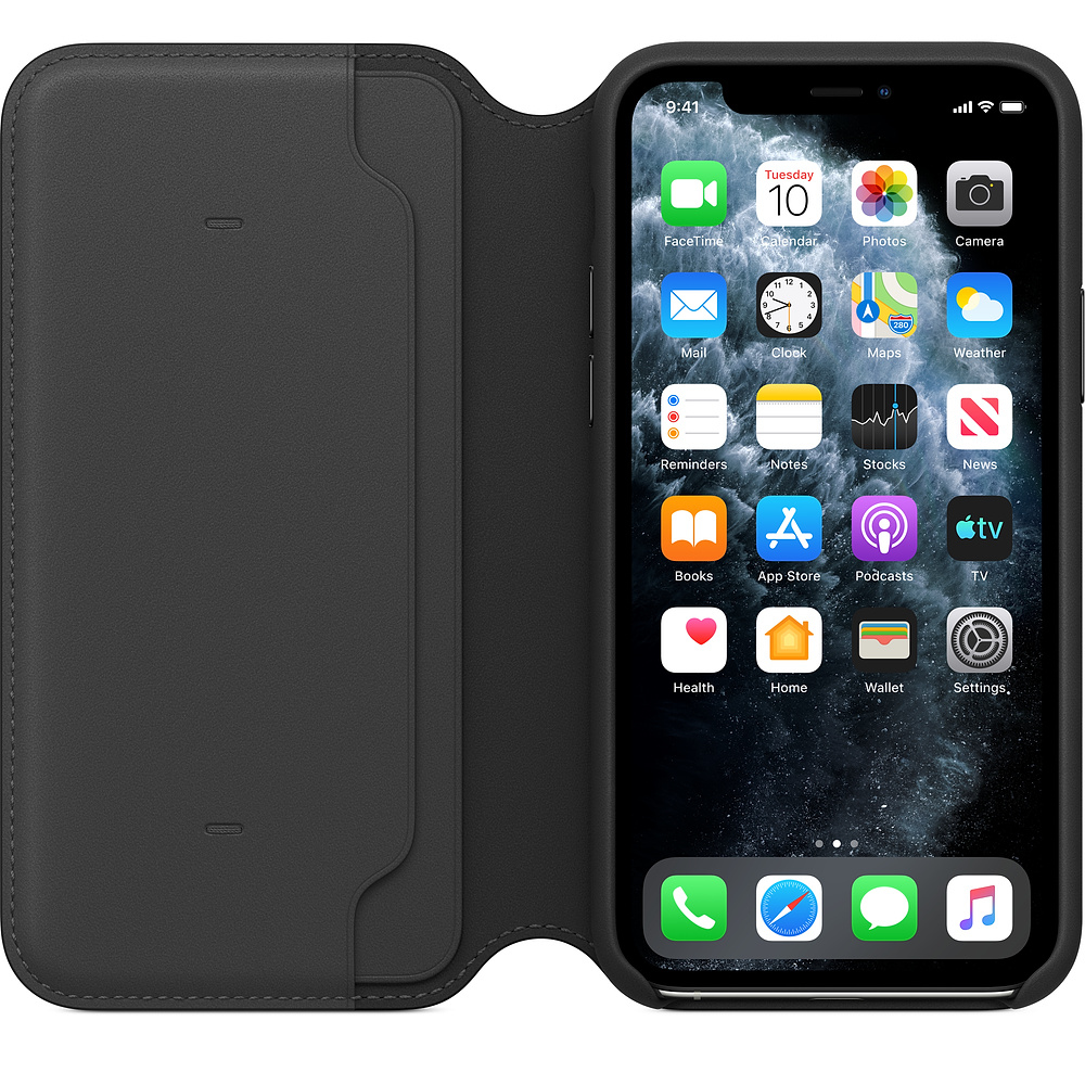A black iPhone displaying the home screen is in a black folio case. The case is open, revealing the phone's screen and apps.