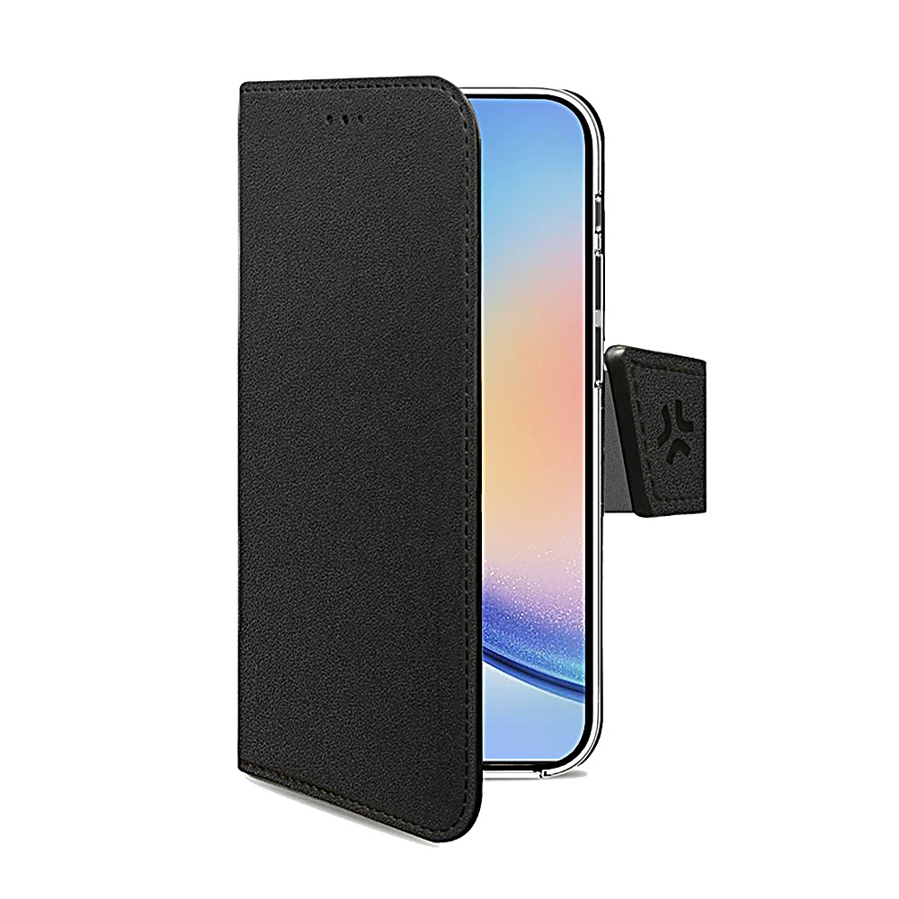 Custodia per telefono in pelle nera aperta, che mostra lo schermo del telefono. Chiusura magnetica visibile.