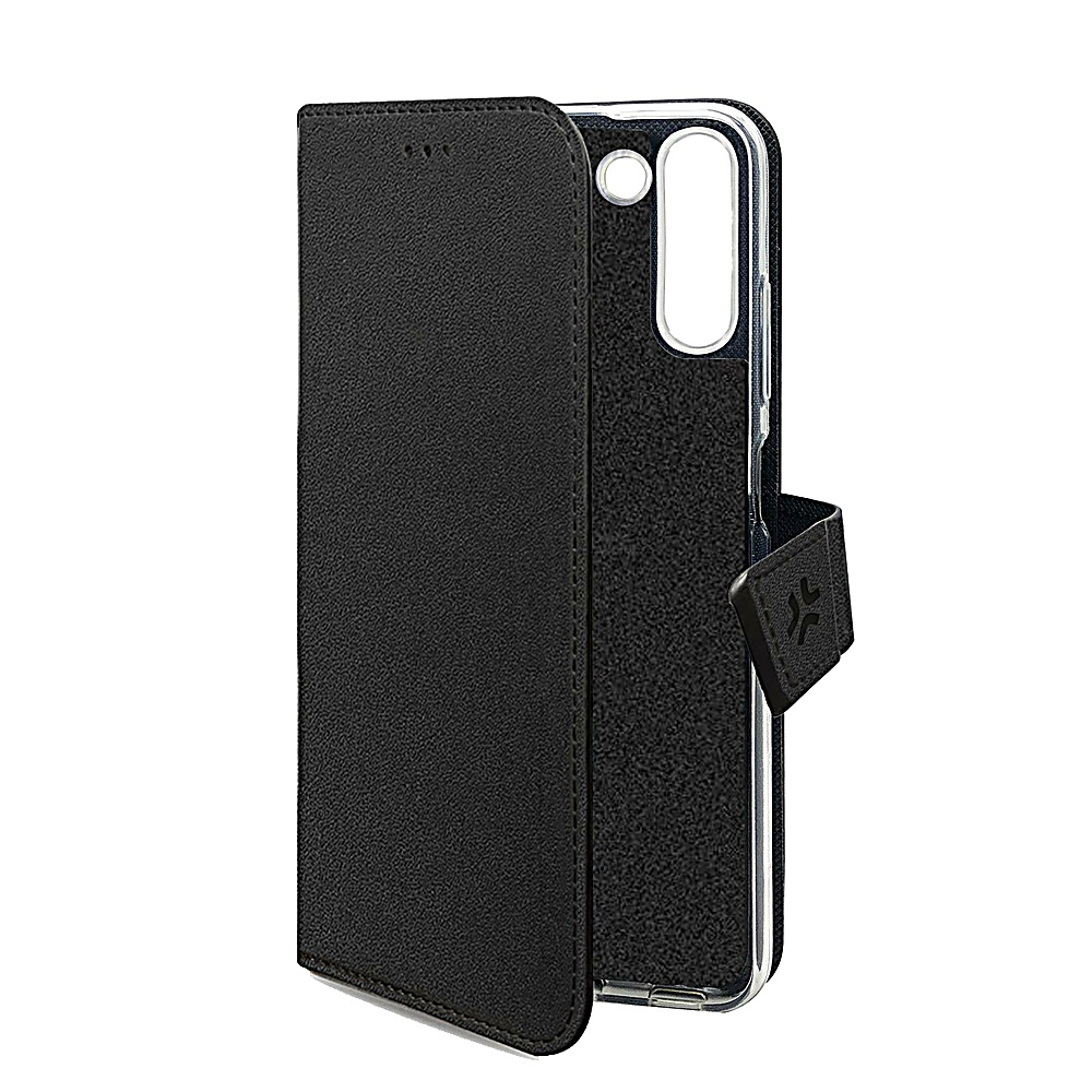Custodia per telefono nera con design a portafoglio, supporto trasparente per telefono e chiusura magnetica con logo.