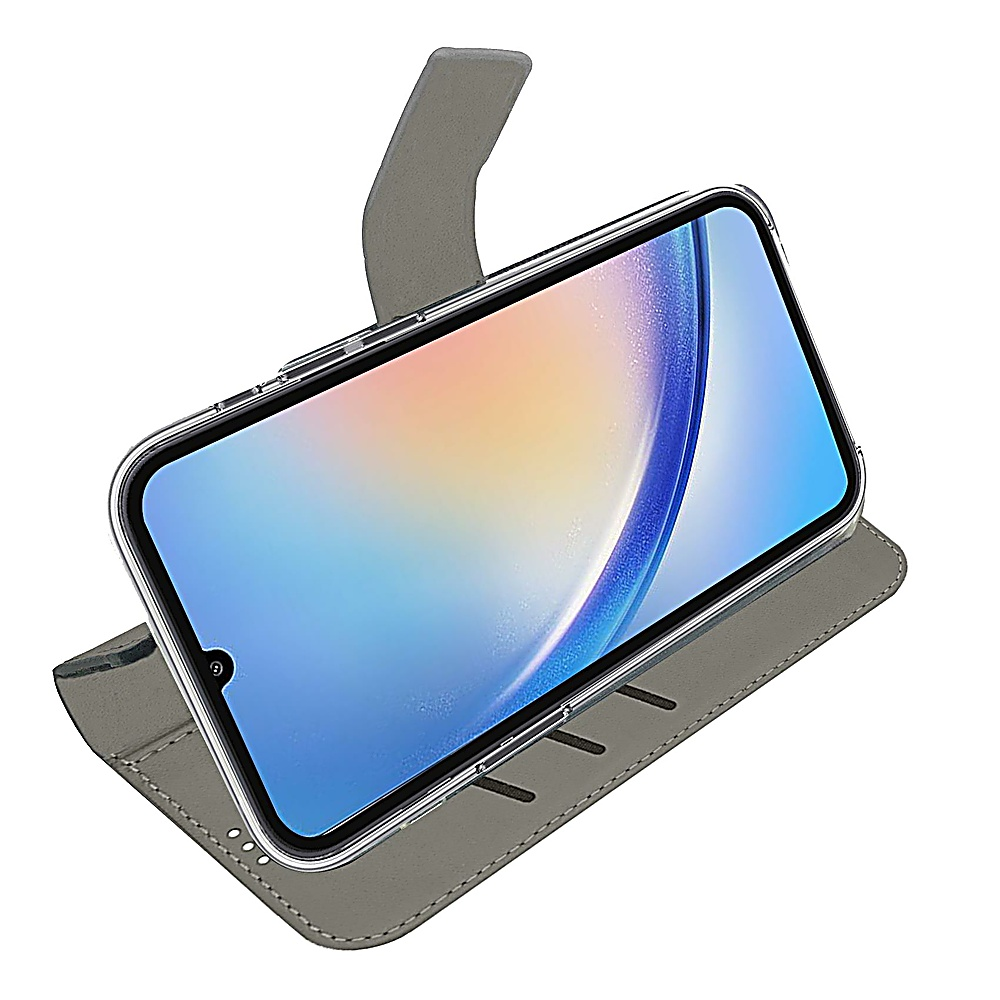 Uno smartphone in una custodia a portafoglio grigia. Lo schermo del telefono mostra un'immagine colorata. La custodia è aperta, con chiusura magnetica.