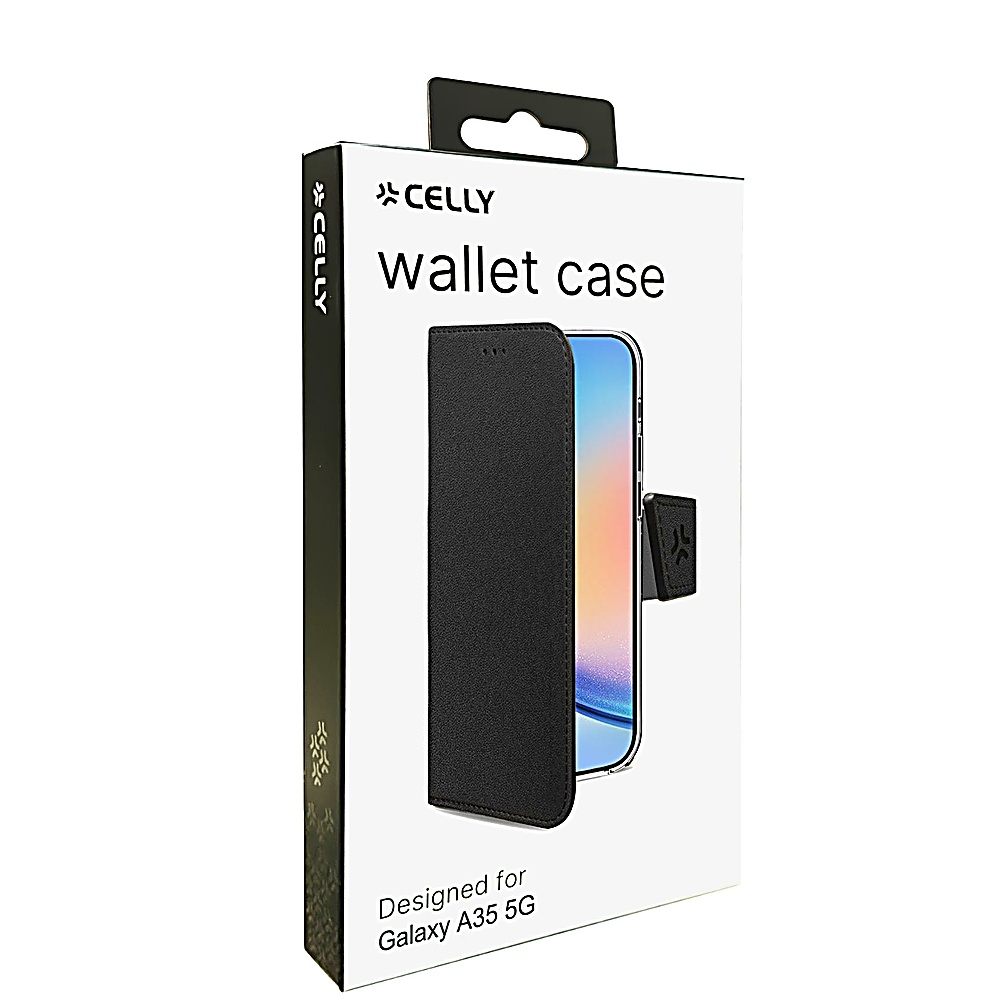 Una custodia a portafoglio per telefono in una scatola bianca. È nera e ha il logo Celly. La scatola dice 'Wallet case' e 'Designed for Galaxy A35 5G'.