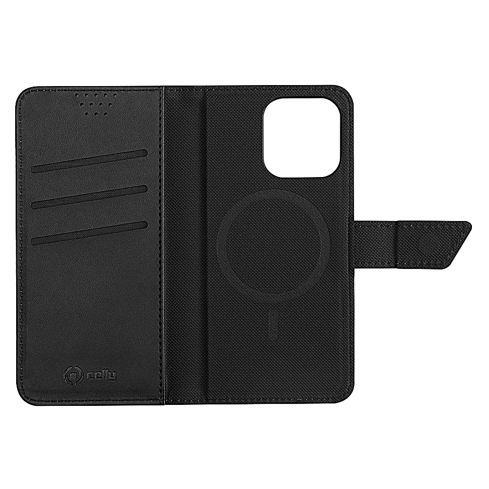 Custodia per telefono nera aperta, che mostra fessure per carte e supporto per telefono. La custodia è aperta, mostrando l'interno con un anello magnetico.