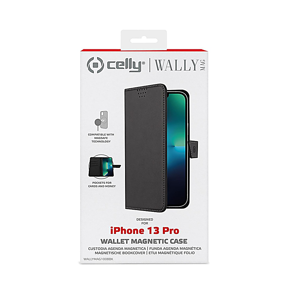Una scatola per custodia del telefono con una custodia a portafoglio nera. La scatola presenta loghi, testo e grafica, tra cui "iPhone 13 Pro" e "WALLET MAGNETIC CASE".