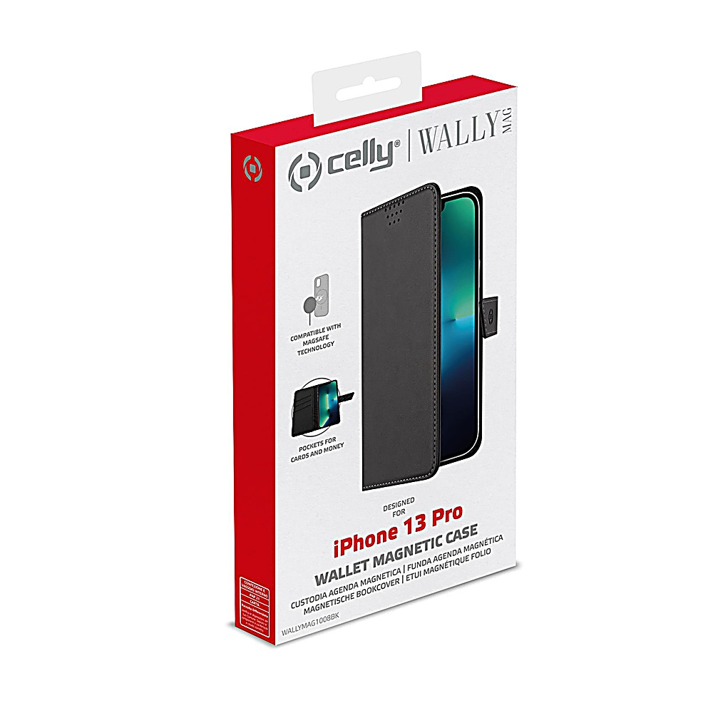 Una scatola per custodia del telefono con una custodia nera. Il testo include 'iPhone 13 Pro', 'Wallet Magnetic Case' e 'Celly Wally'.