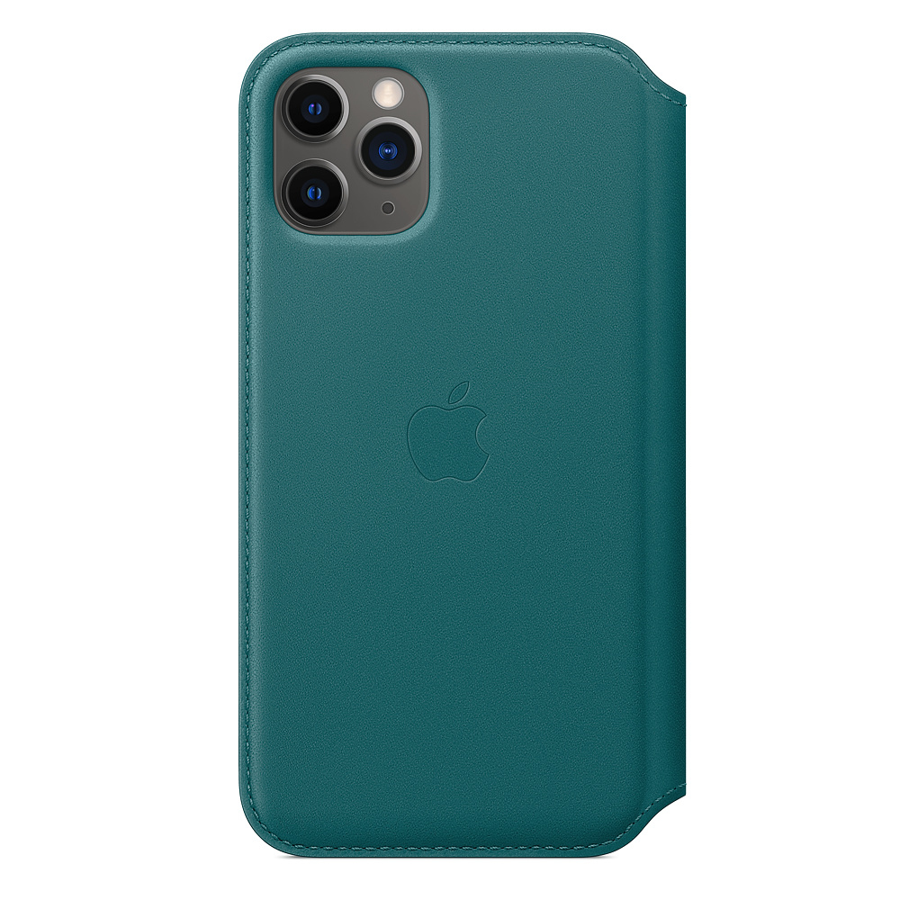 Teal leather iPhone case with triple camera setup and Apple logo. The case has a folio design and is on a white background.