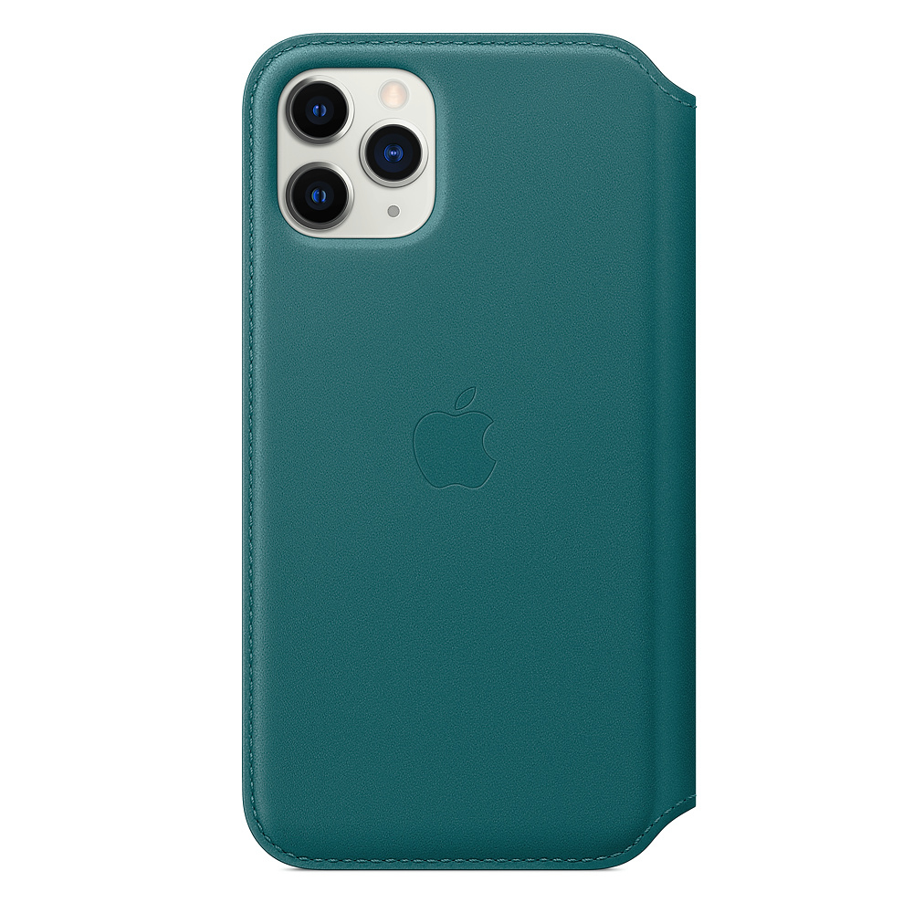Teal iPhone 11 Pro leather case. Features camera lenses, Apple logo, and a folio design. Stitching along the edges.