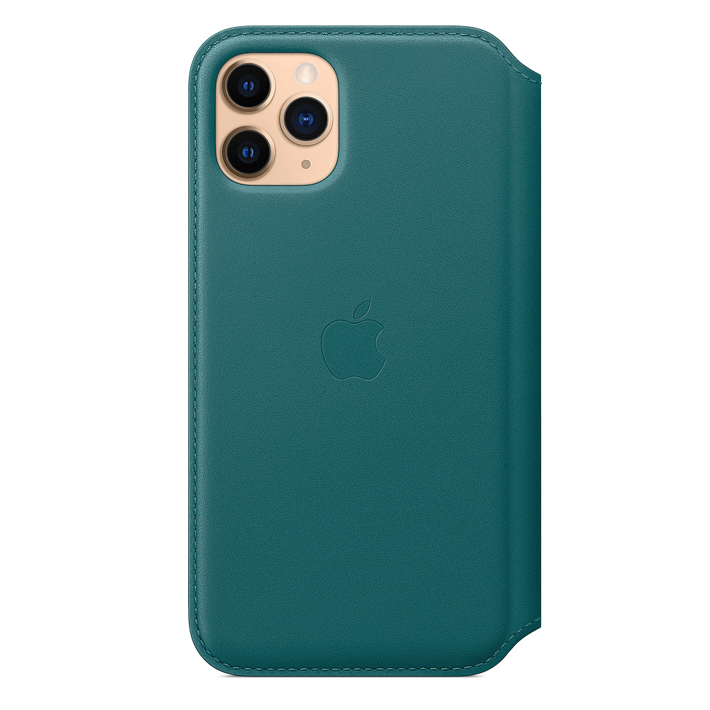 Teal iPhone 11 Pro case with Apple logo. Triple camera and flash visible. Leather wallet style case.