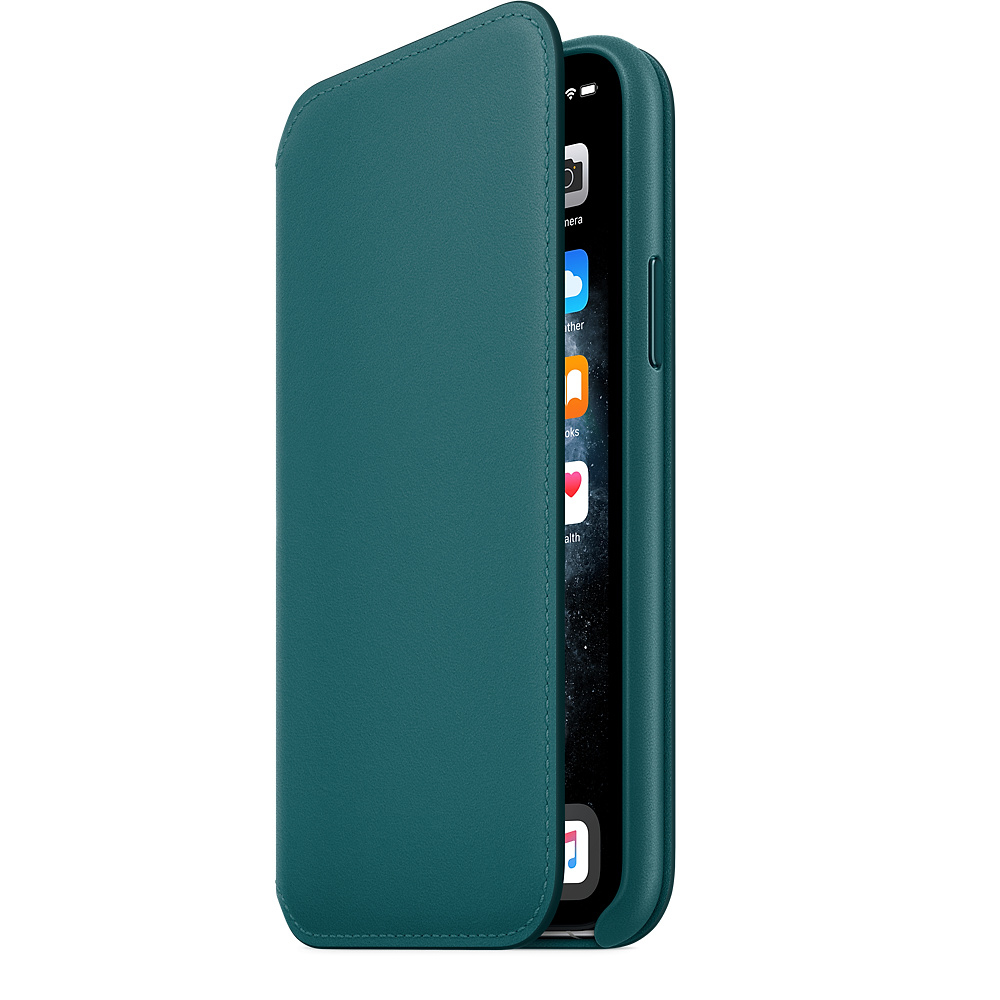 An iPhone in a teal case is open, revealing the screen. The case is leather-like, with visible stitching. The screen shows app icons.