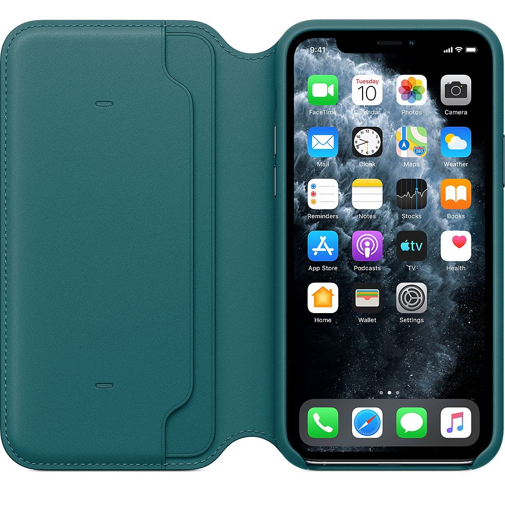An iPhone displaying apps is in a teal leather case. The screen shows apps like FaceTime, Calendar, Photos, Mail, and App Store.