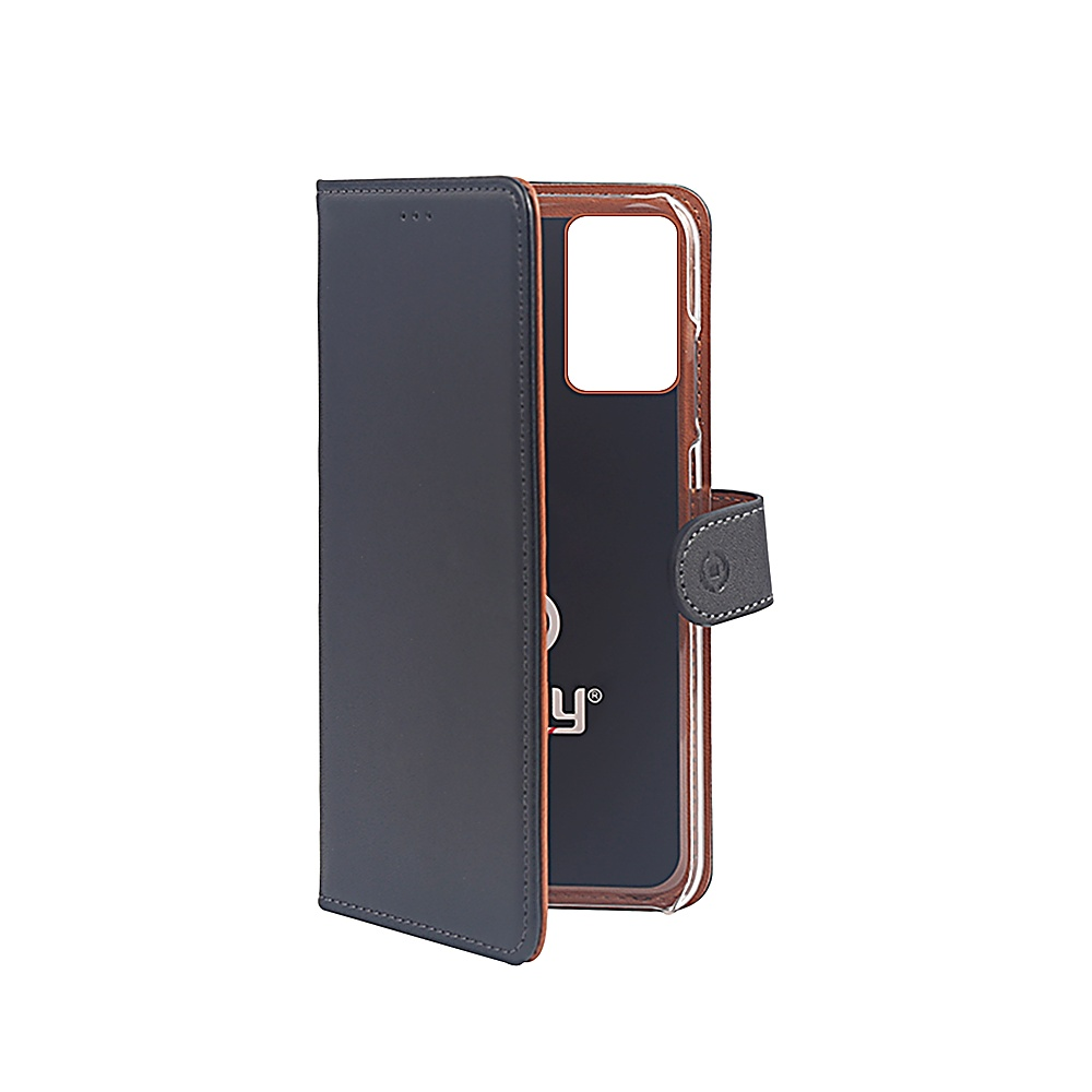 Una custodia per telefono in pelle grigio scuro, parzialmente aperta, che rivela un telefono. È visibile una chiusura magnetica.