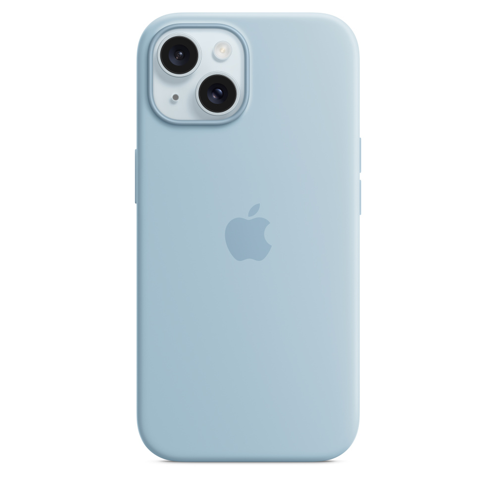 Ein hellblaues iPhone mit Kamera und Apple-Logo auf der Rückseite. Das Telefon befindet sich in einer Hülle und sieht sauber aus.