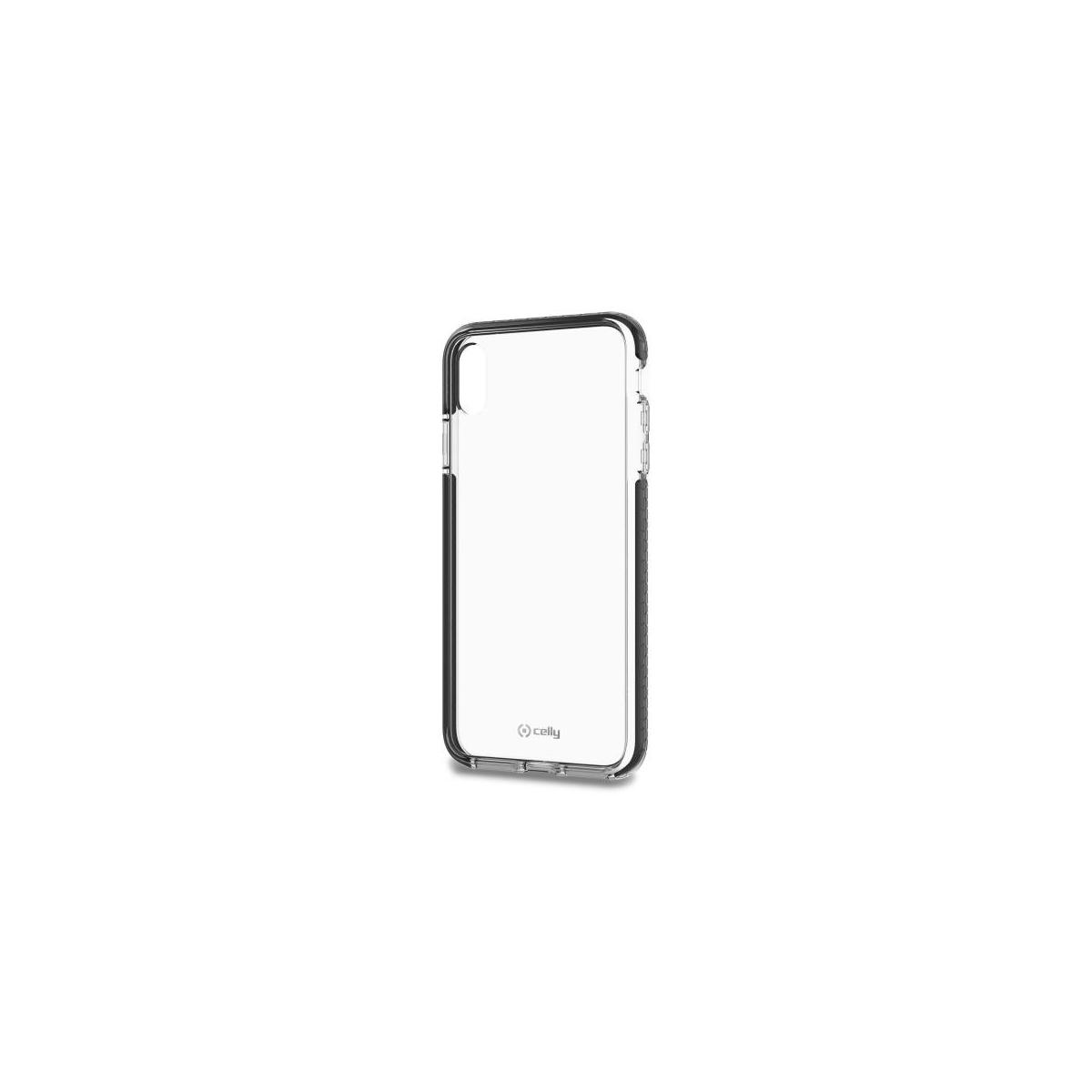 Una custodia trasparente per telefono con bordi neri, centrata su sfondo bianco. Il logo Celly è visibile.