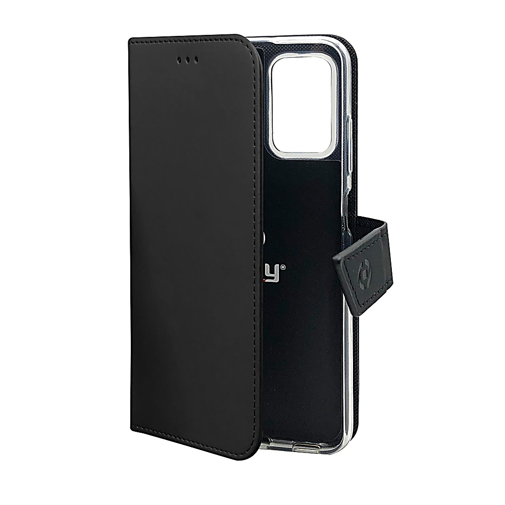 Una custodia nera per telefono è aperta, rivelando la parte posteriore del telefono. La custodia ha una chiusura magnetica. Lo sfondo è bianco.