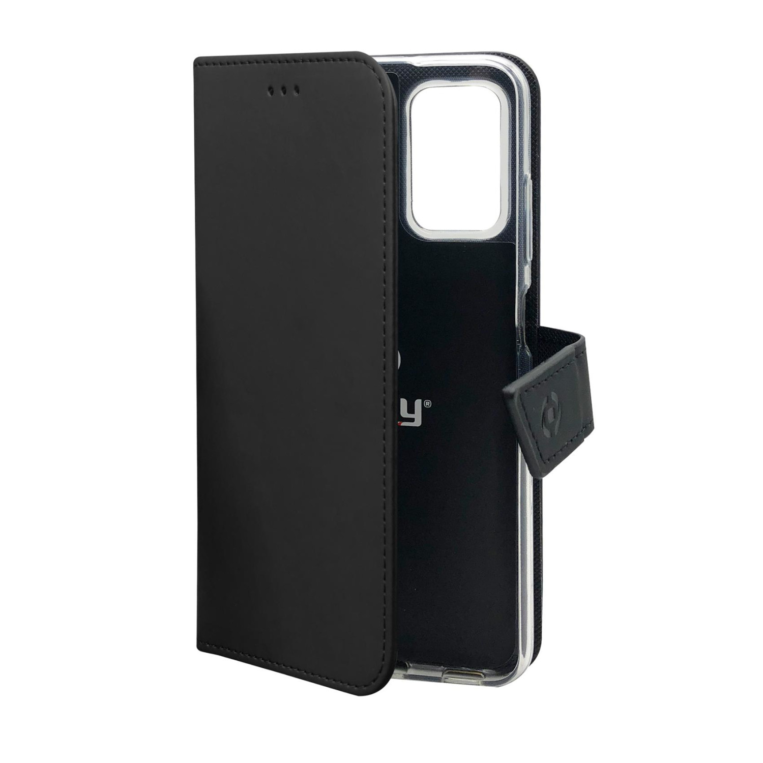 Una custodia nera per telefono è aperta, rivelando un telefono. La custodia è simile alla pelle con una chiusura magnetica. Il telefono è in una cornice trasparente.