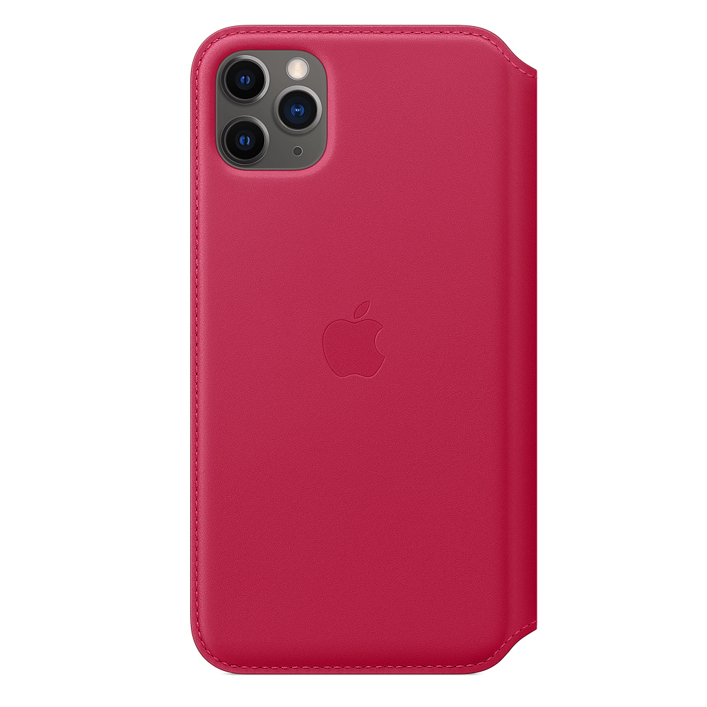 Eine rote Leder-iPhone-Hülle mit dem Apple-Logo, drei Kameralinsen und Nähten an den Kanten, auf weißem Hintergrund.