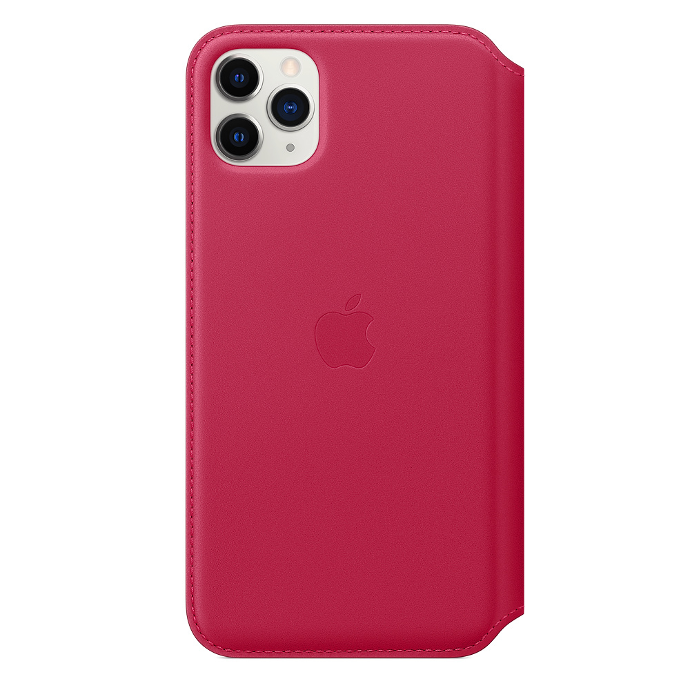 Eine rote Leder-iPhone-Hülle mit dem Apple-Logo. Sie hat einen Kameraausschnitt und eine Klappe auf der rechten Seite.