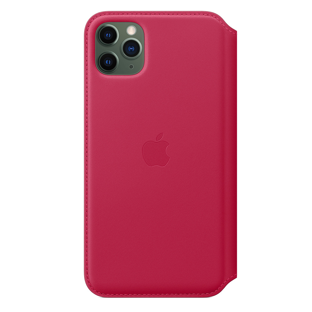 Eine rote iPhone-Hülle mit Apple-Logo und drei Kameralinsen. Die Hülle ist aus Leder und geschlossen.
